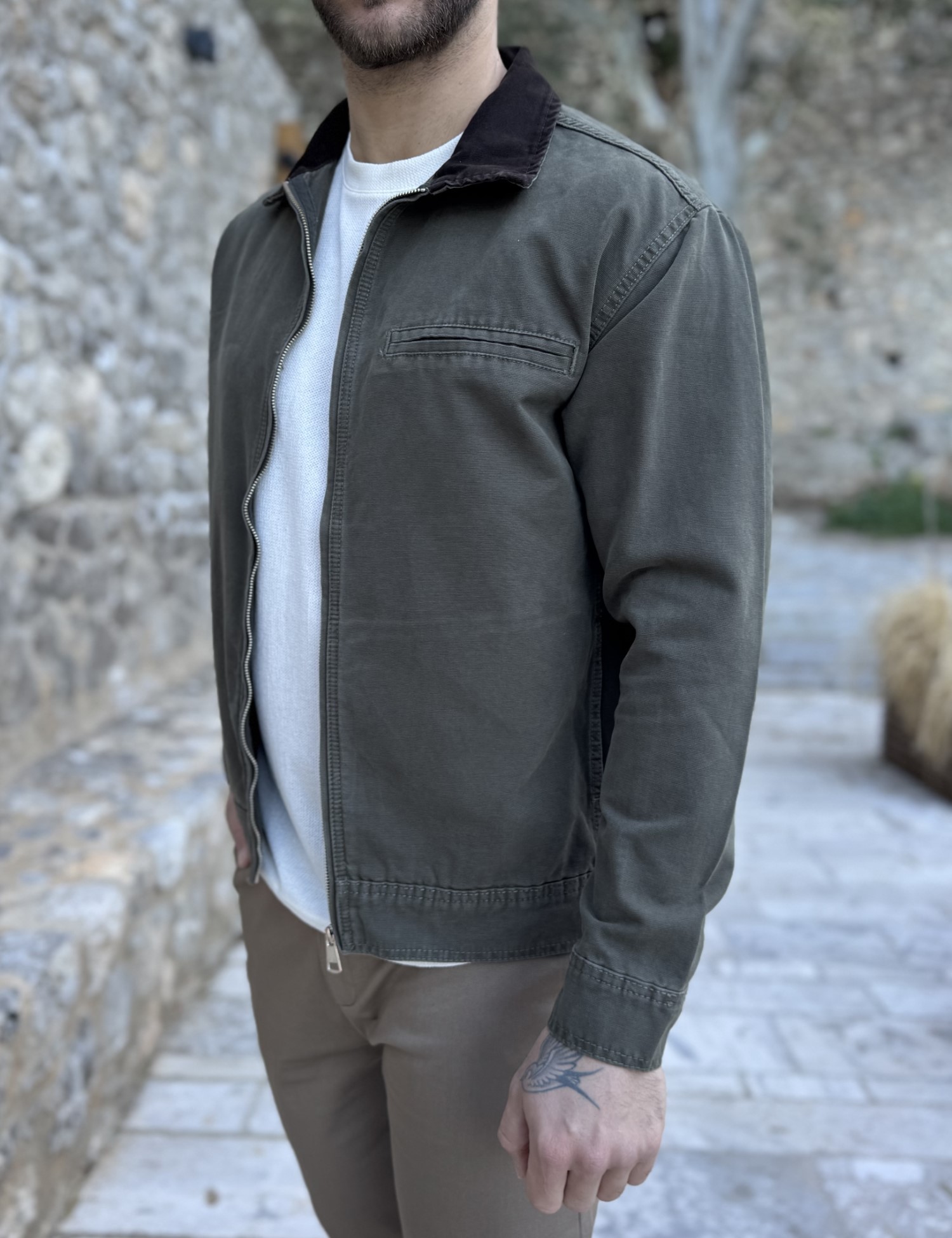 Ανδρικό λαδί βαμβακερό Jacket με γιακά LC18115 φωτογραφία